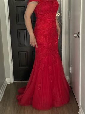 Dave & Johnny Red Satin Evening Dress